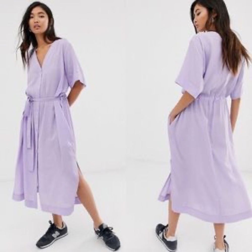 Weekday Lilac Purple Light Waist Tie 3/4 Sleeve Verna Shirt Dress NWT Size S